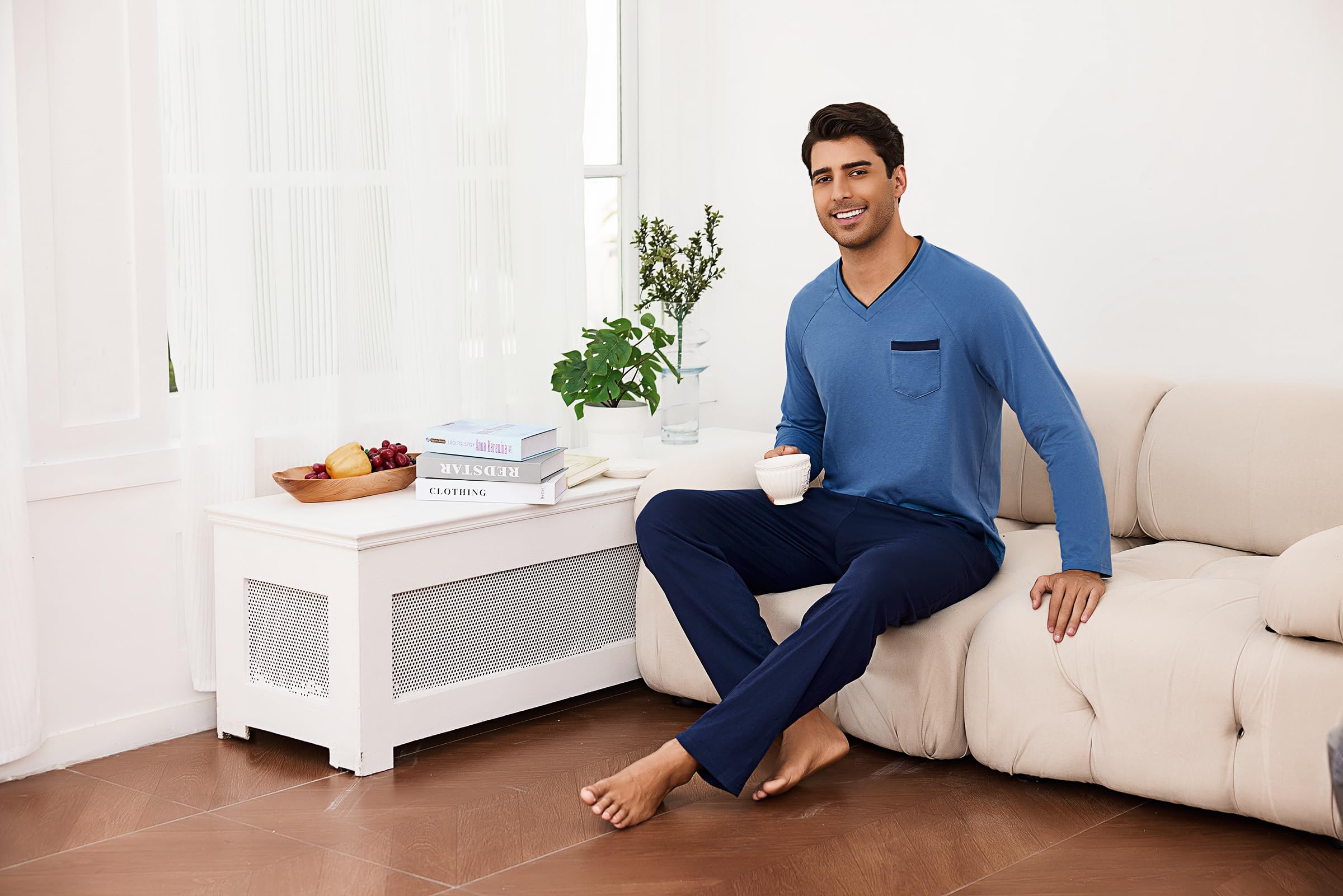 Bresdk Pijama Hombre Invierno Algodón Largo con Bolsillos Conjunto de Pijamas Hombre Manga Larga V-Cuello Suave y Transpirable S-3XL
