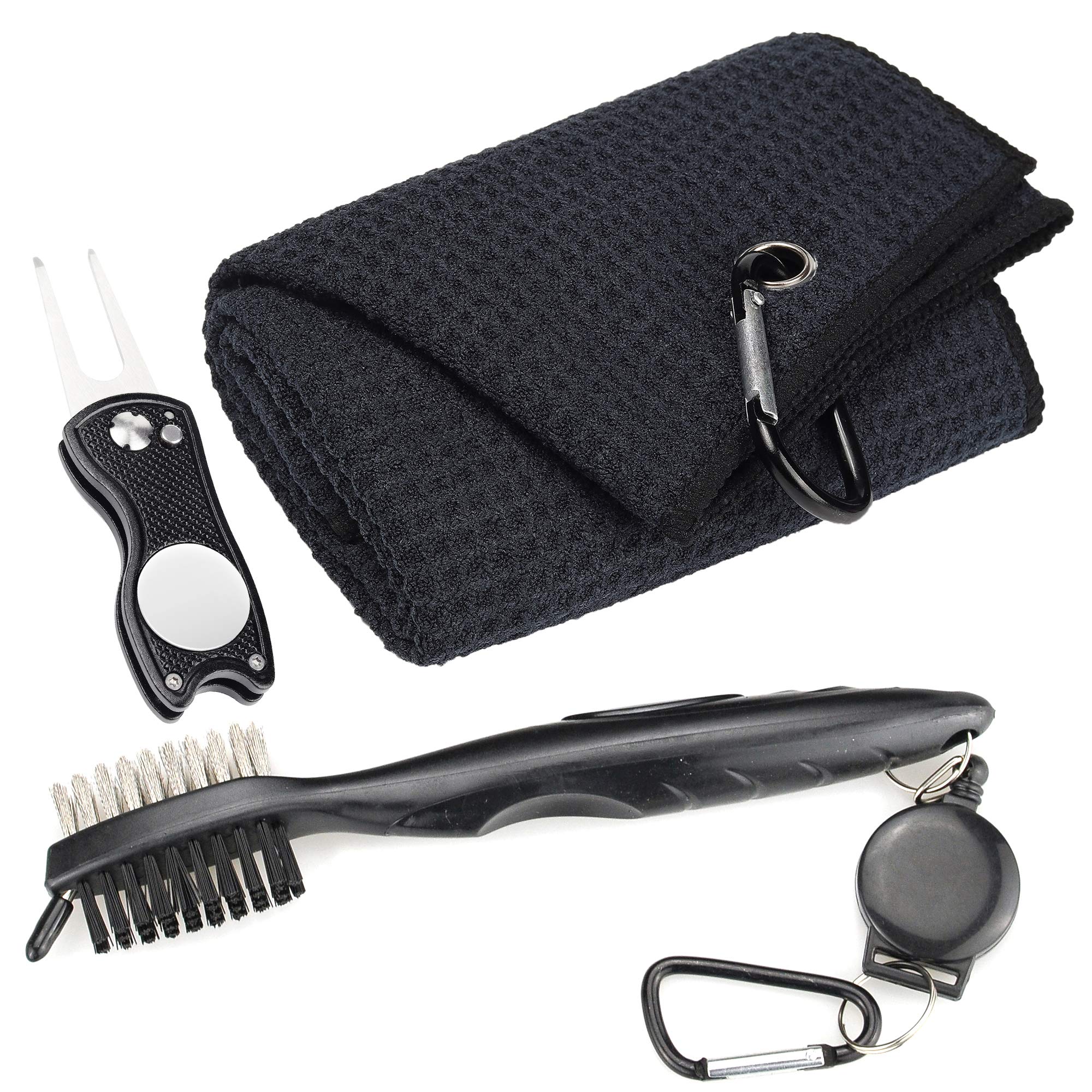 Mile High Life Microfiber Waffle Pattern Golf Towel | Club Groove Cleaner Brush | Foldable Divot Tool with Magnetic Ball Marker (Black Towel/Brush/Fish Divot)