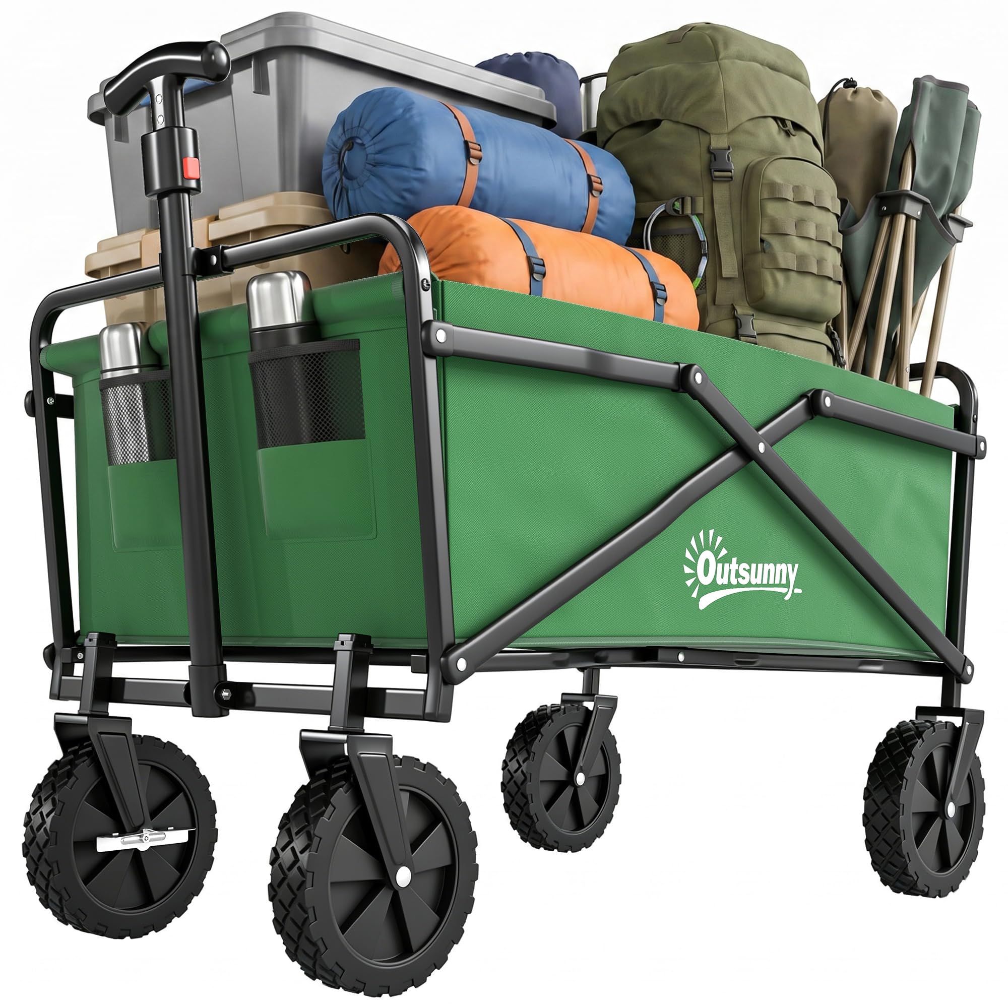 Outsunny Carro Plegable Carretilla de Transporte con Mango Ajustable Rueda Universal Freno para Playa Jardín Camping Marco Acero Carga 40 kg 83x50x69-99 cm