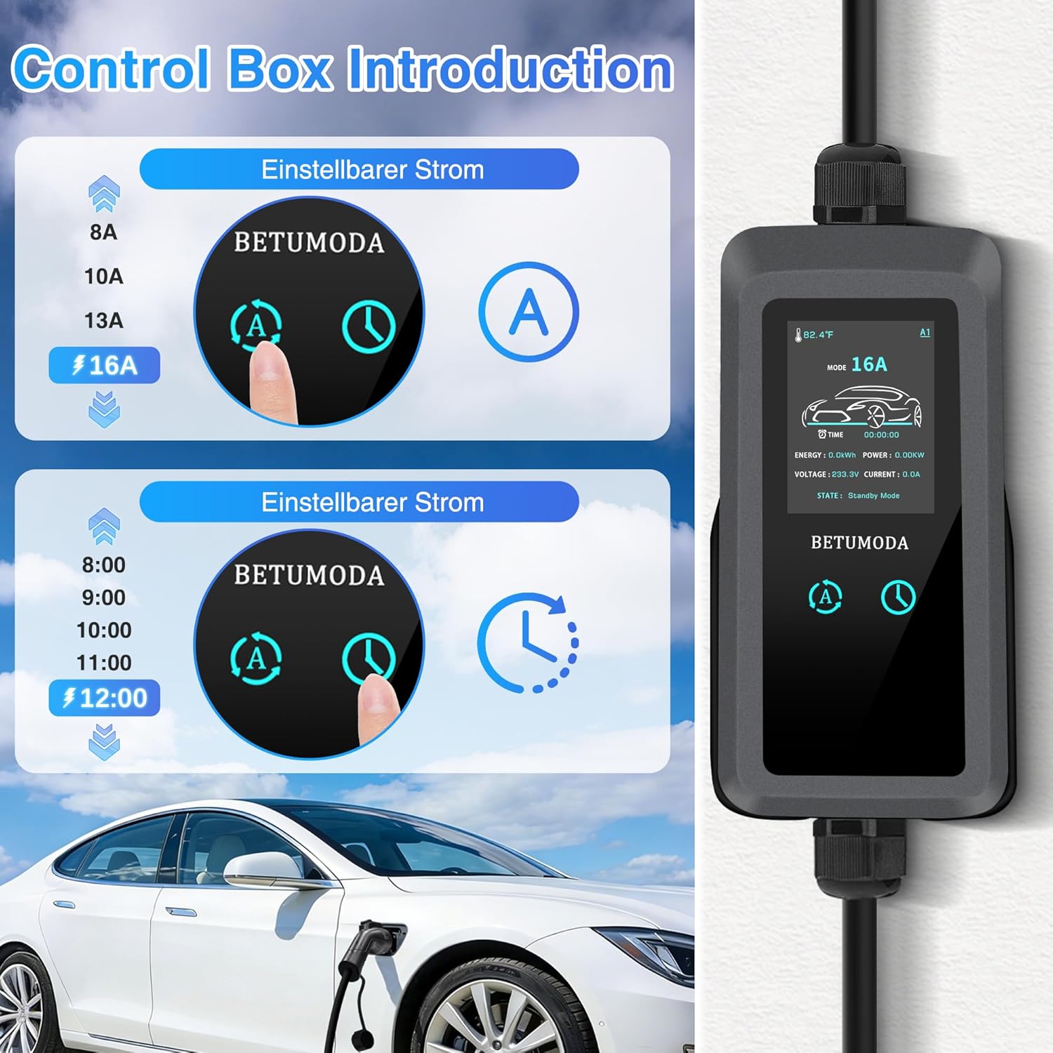 Level 1&2 EV Charger, 16Amp 110V/240V, and NEMA 6-20 & NEMA 5-15 Plug Adapter,2.8 Inch LED Touch Screen, IP65, Compatible with J1772 Electric Vehicles (Tesla Need Adapter) 24.5FT