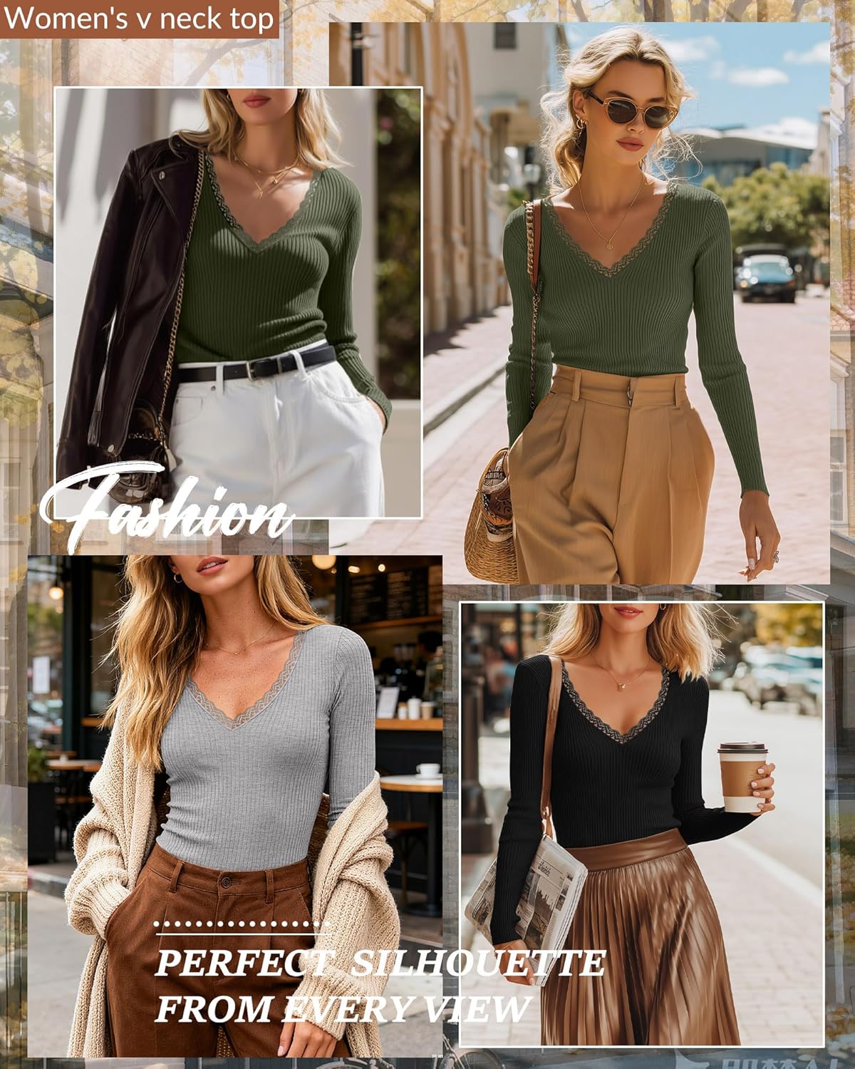 3 Pack Women's Cotton Long Sleeve Shirts, Ribbed Knit Deep V Neck T-Shirts Lace Sexy Tight Tees Slim Fit Tops - Image 4