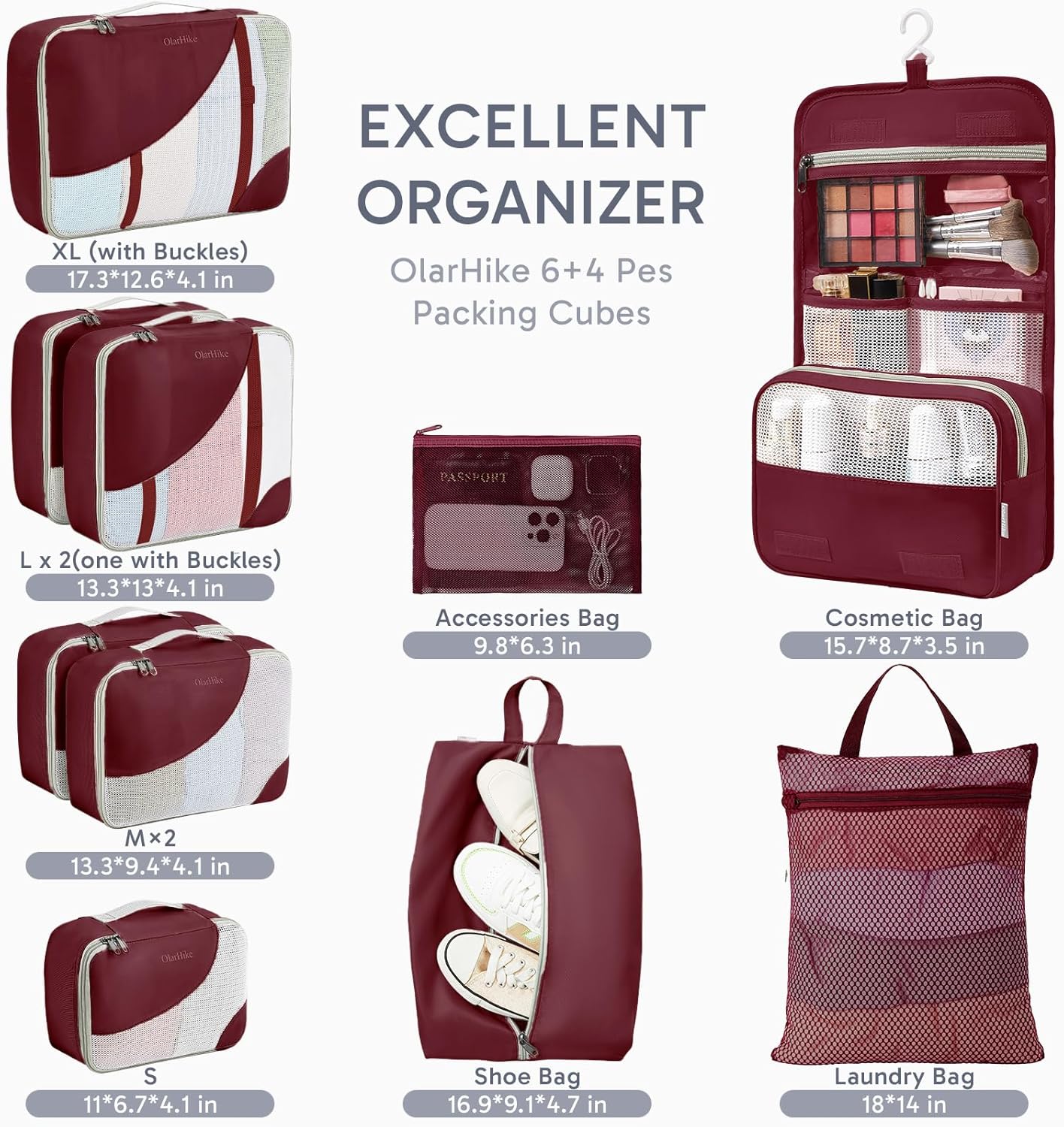 ALL INCLUDED 10 Set Durable Packing Cubes for Suitcases,OlarHike Essentials for Travel,UPGRADED Anti-Tear Stitching, NEW Improved Luggage Packing Organizers for Travel Accessories (Wine) - Image 2