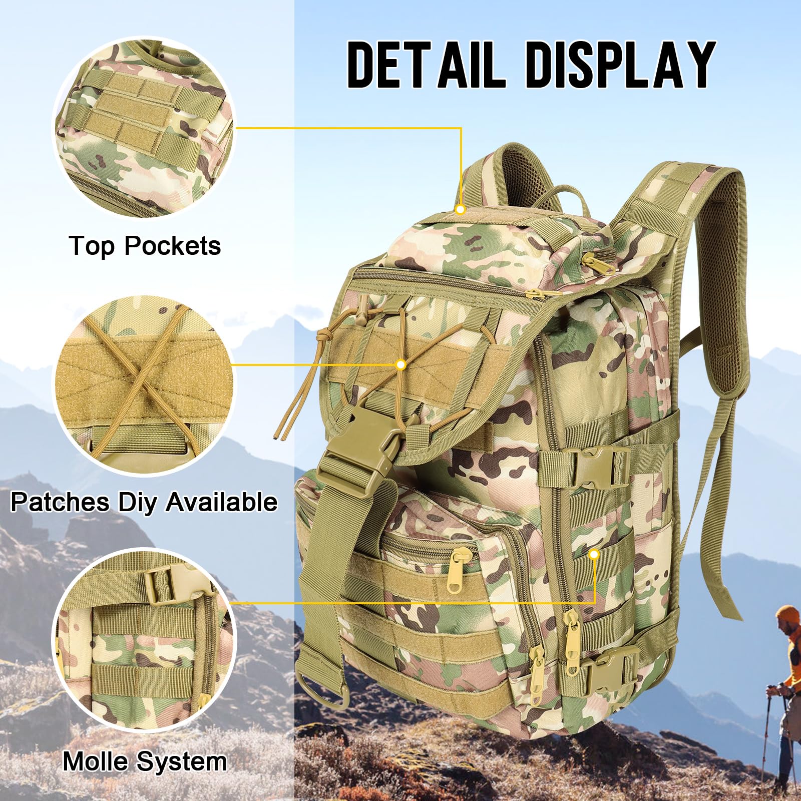 SHANNA Zaino Tattico Militare 40L, Impermeabile Zaino da Combattimento Molle Assalto Zaino da Combattimento per Escursionismo All'aperto Campeggio Trekking Hiking Caccia Alla Pesca Palestra