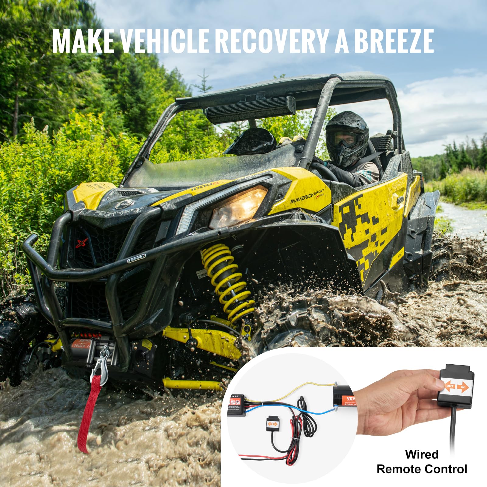 VEVOR Wciągarka ATV, elektryczna wciągarka 1,360 kg, 12 V, mała wciągarka ATV UTV, ze stalową rolką linową 3/40.6 cm x 12 m, przewodowy pilot zdalnego sterowania, wodoodporność IP55, do holowania