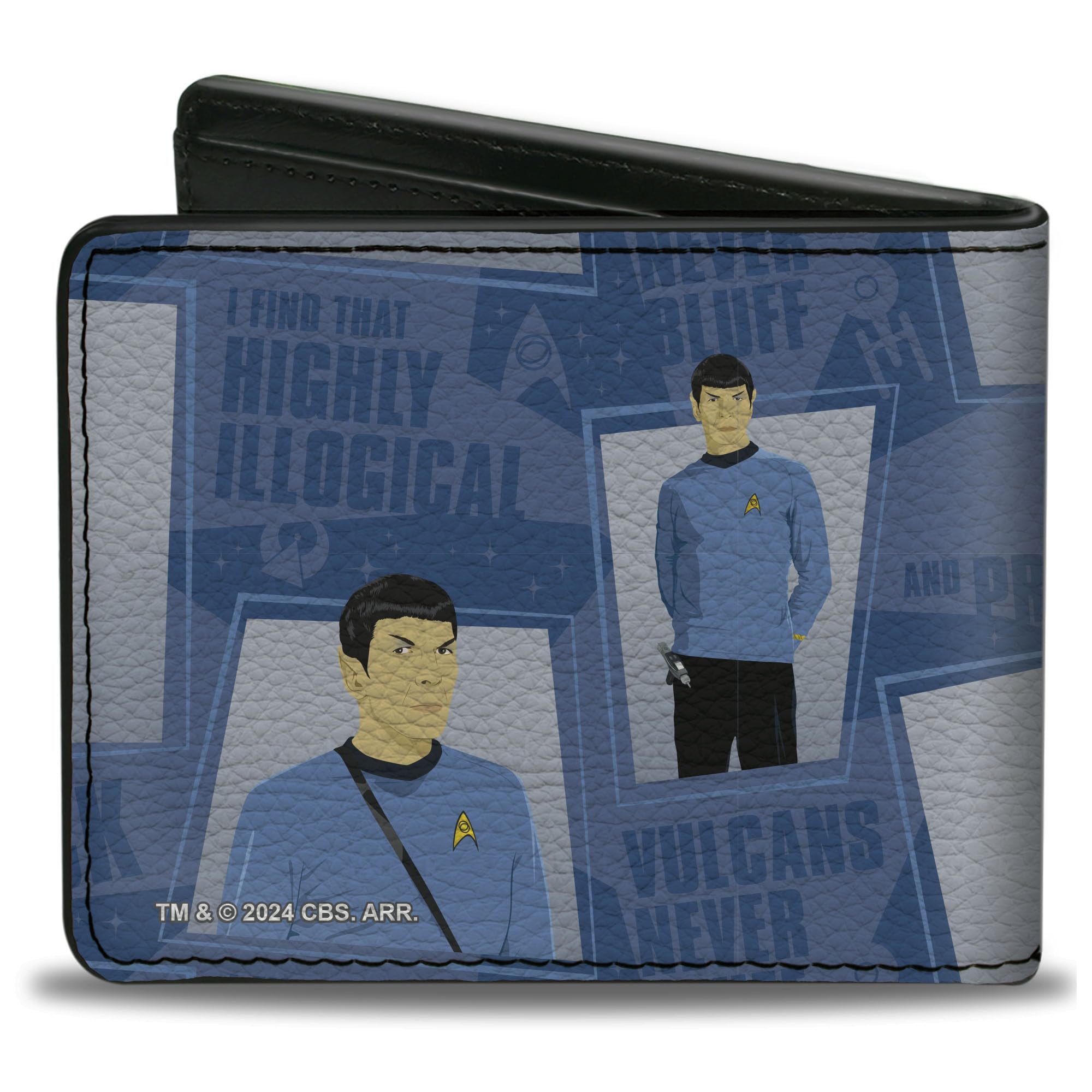 Buckle-Down Paramount Network Bifold Wallet with Standard Billfold and Card Slots, Classic Star Trek Spock Poses and Quotes Collage Blues, Vegan Leather