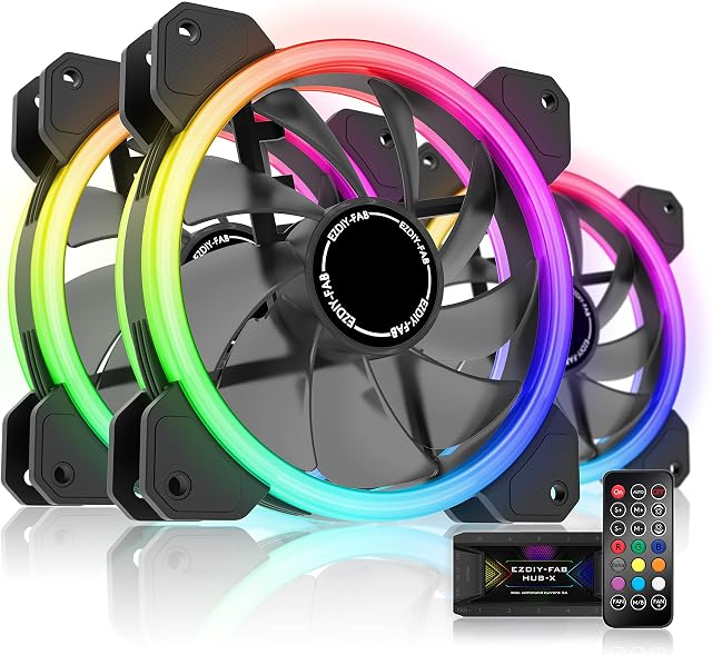 EZDIY-FAB RGB Dual Ring 120mm Case Fans,5V Motherboard Sync,Speed Adjustable,RGB Sync Fan with Fan Hub X and Remote-3 Pack