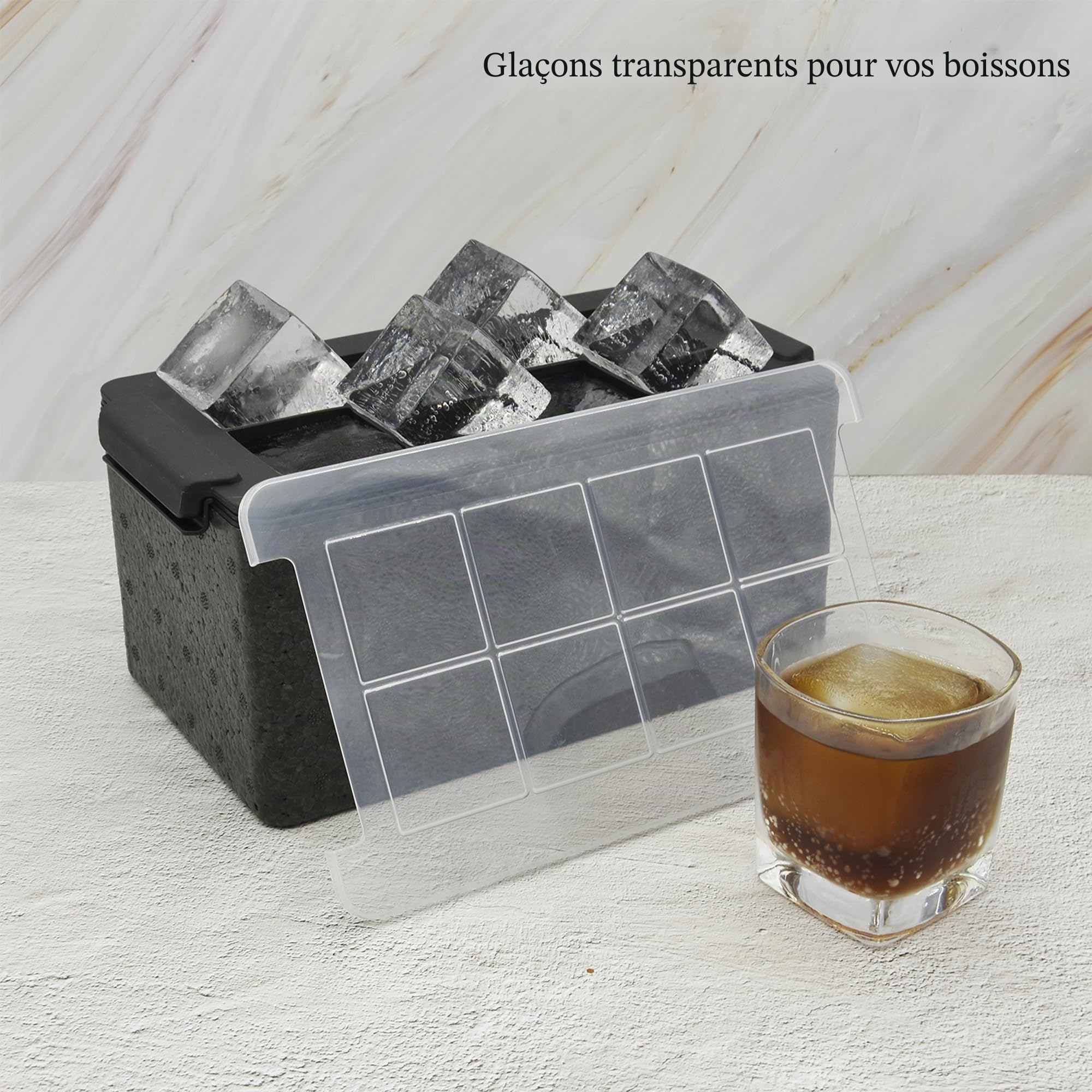 Moules à glaçons transparents - Machine à glaçons géante transparente de 2 pouces, 8 grands glaçons transparents pour le whisky et les cocktails avec sac de rangement