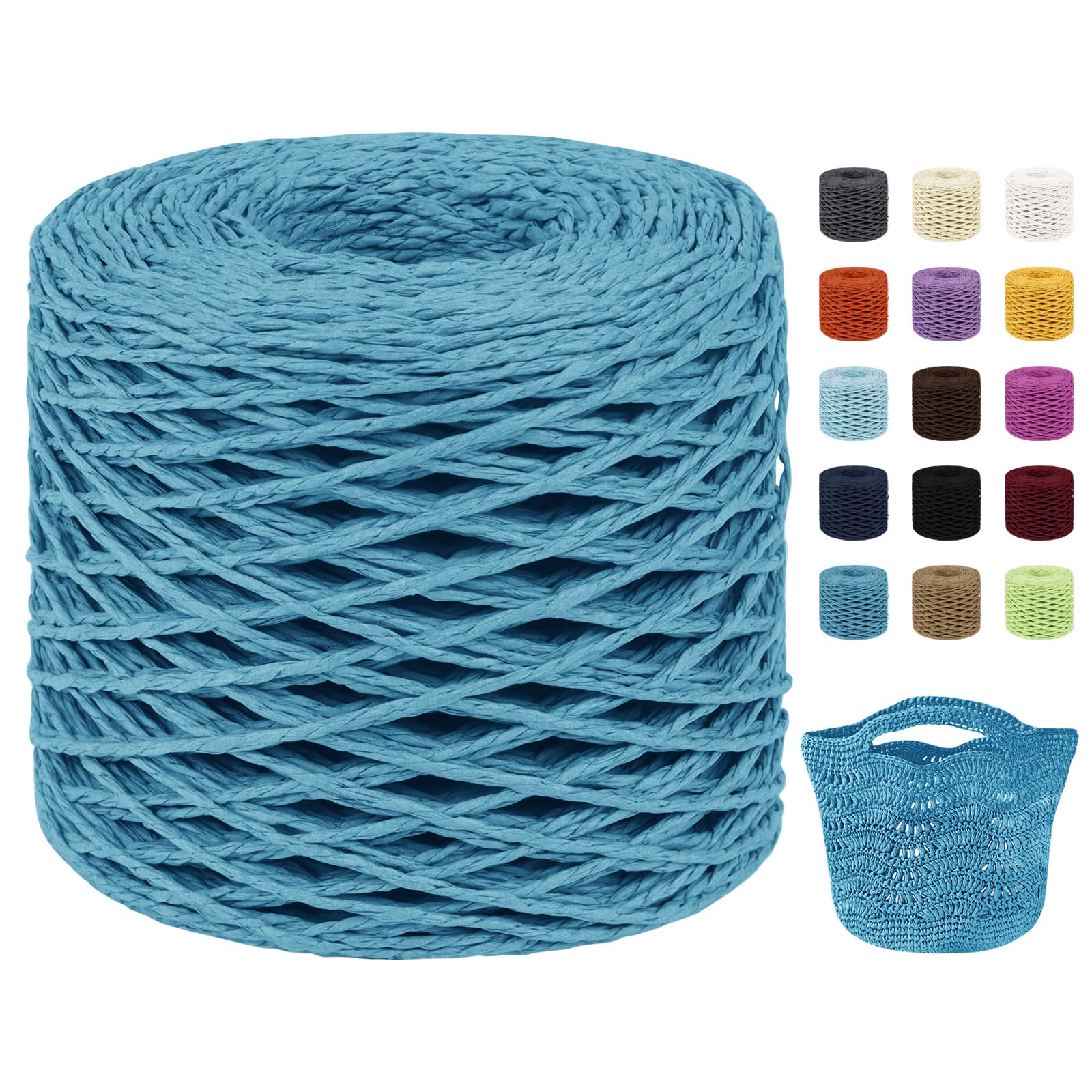 Uiopa Raffia Yarn for Crochet, 2mm x 200m Raffia Paper String Straw Crochet Yarn for Crocheting Beach Bags, Sun Hats, Home Decor, DIY Crafts (Blue)