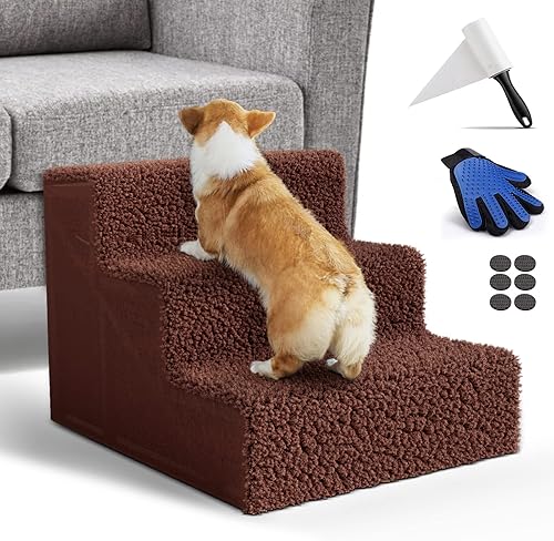 HEVOL Escaleras para perros escalera de plástico de 3 escalones para mascotas con funda extraíble lavable amplia rampa para mascotas y gatos