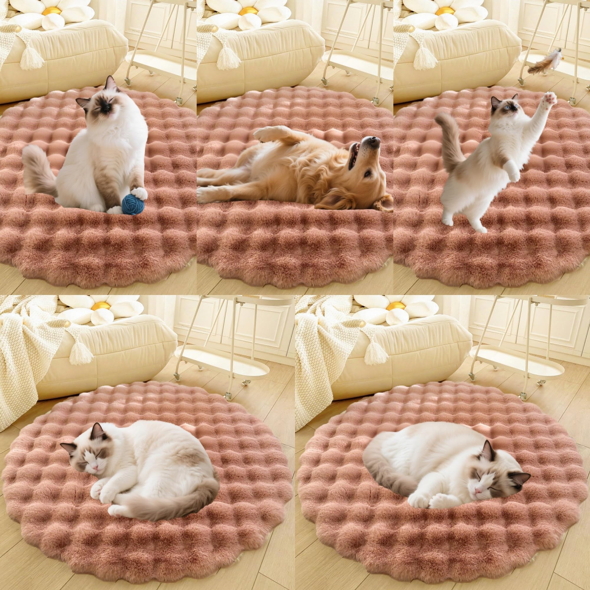 Divano per Cani E Gatti Con Fondo Antiscivolo, Tappeto Rotondo Lavabile, Moderno Letto A Pelo Lungo Da Posizionare Accanto Al Pavimento, Tappetino per Soggiorno(Pink,43in)