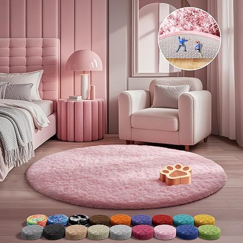 Miniatura 1 de Ophanie - Alfombra redonda de color rosa para dormitorio y niñas, alfombra de área peluda Kawaii mullida, felpa suave y lanuda de 4 pies, para