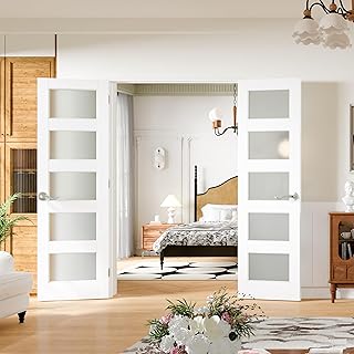 French Doors, 60" x 80" Interior Doors with Door Jamb & Hardware Kit and Silver Door Levers, 5-Lite Frosted Glass Pantry Door as Prehung Door for Bedrooms, Closets, Solid Core, Easy to Install