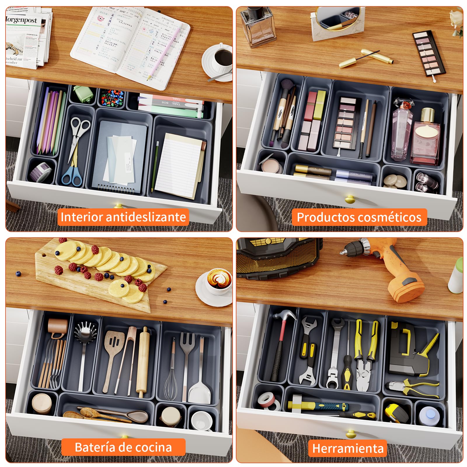 45 Piezas Organizador Cajones Baño 3 Tamaños, Caja Organizadora Separadores de Plastico para Baño, Maquillaje, Cocina, Oficina, Escritorio, Cajitas Cajas Gavetas Organizadoras Cajones, Gris