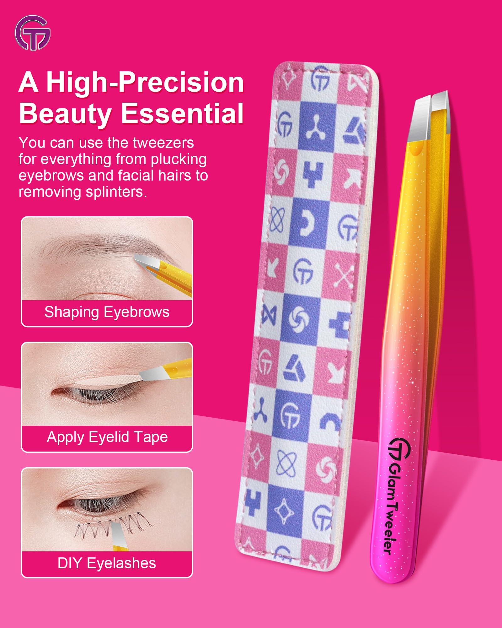 GlamTweeler Expert - Pinzas de depilación de cejas con funda de cuero, punta inclinada de alta precisión, pinzas de acero inoxidable para hombres y mujeres (fucsia brillante y amarillo)