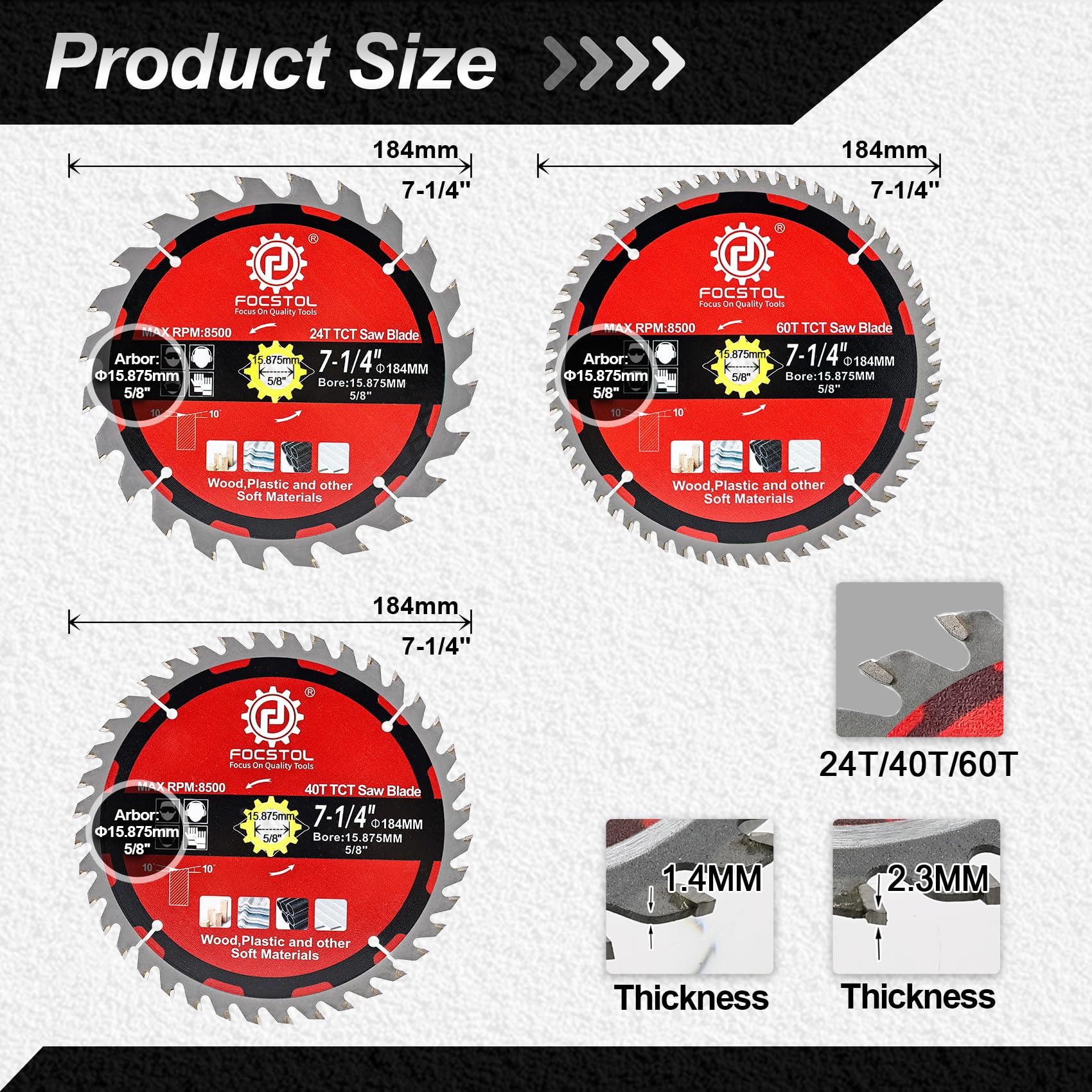 FOCSTOL Wood Cutting Circular Saw Blade 184mm, 3pcs 24+40+60 Tooth TCT Cutting Blade for Cutting Wood Plywood, Particle Board - Image 2