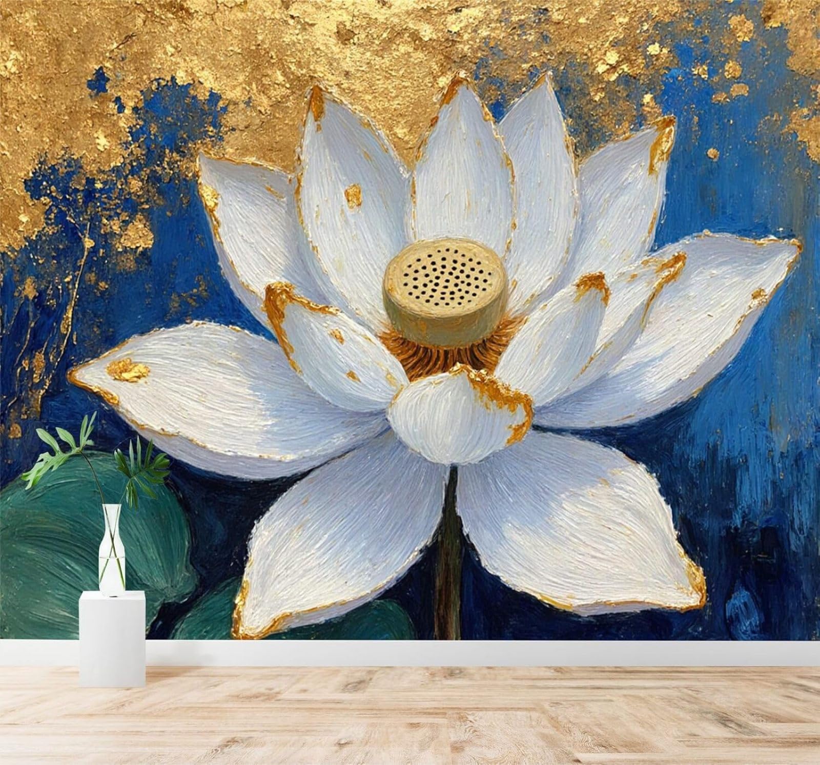 XLMING Three Dimensional Creative White Lotus Abstract Gold Accents 3D Wallpaper Silky Texture Home Study Office Grey Dining Room Sofa Bedroom Living Room TV Backdrop-350cm×256cm