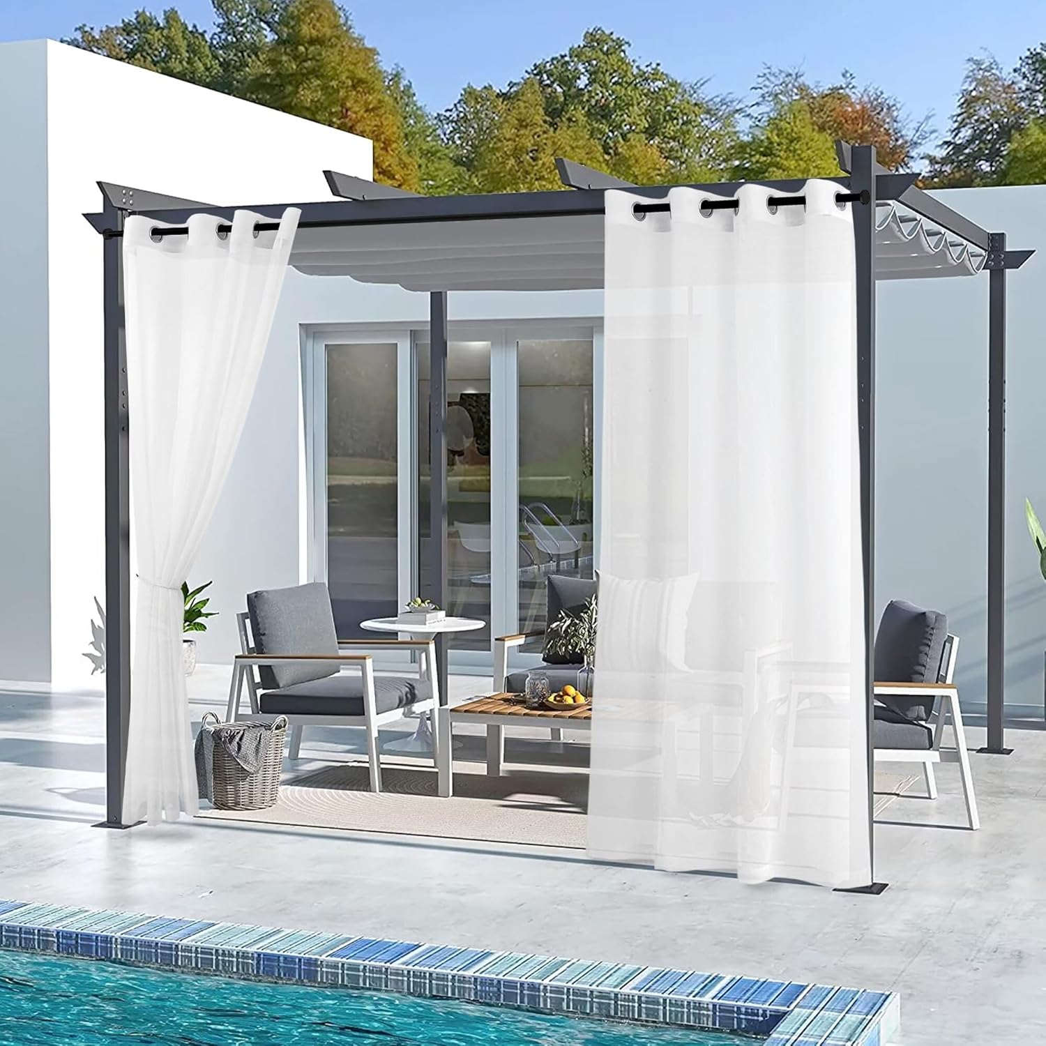 youleyar White Outdoor Sheer Curtains for Patio Waterproof - 2 Panels Linen Look Grommet Curtain Light Filtering Outside Drapes for Living Room, Pergola, Cabana, Gazebo, 52" W x 84" L, White