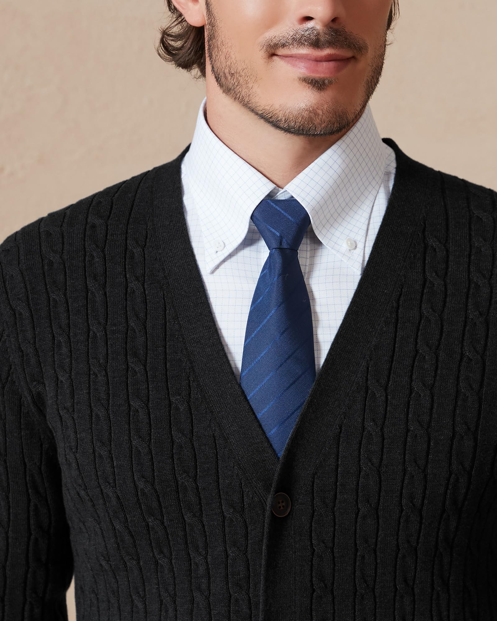 Kallspin Herren 100% Baumwolle V-Ausschnitt Langarm Strickjacke mit Zopfmuster Knöpfen Casual Cardigan Sweater