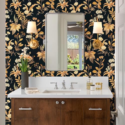 Miniatura 6 de Simon&Siff - Papel tapiz vintage despegar y pegar negro papel adhesivo dorado flores silvestres botánico removible amigable inquilinos 17,3 x 120