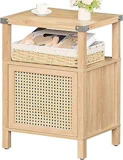 Rattan Nightstand, Boho Side End Table with Handmade Natural Rattan Decorated Door and Open Shelf, Wood Accent Night Stand with Storage, Bedside Tables for Bedroom, Living Room (Natural)