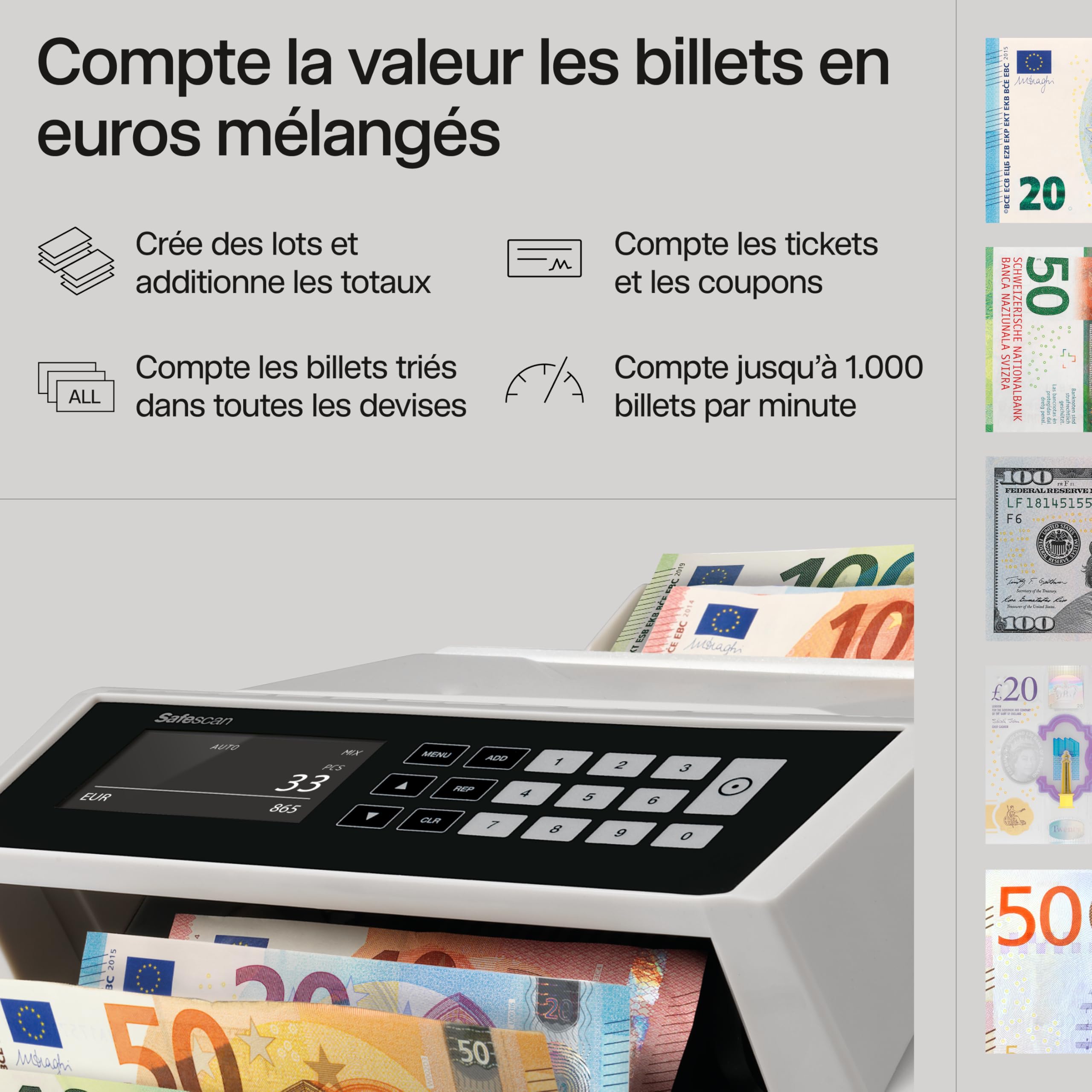 Safescan 2465-S compteuse de billets valorisatrice pour les billets mélangés euro - Compteur de billets avec détection de faux billets sur 7 points - Compte les billets triés de toutes les devises