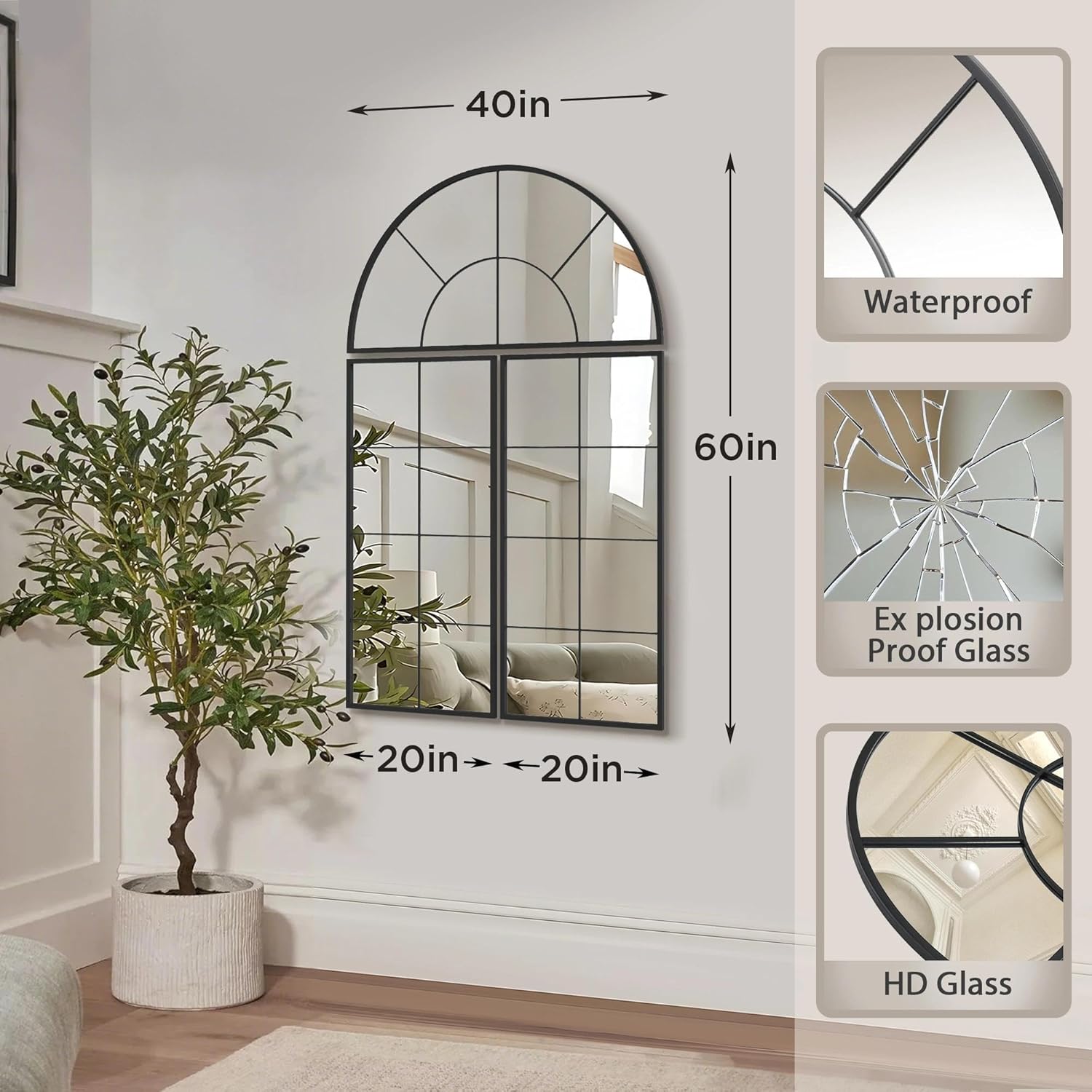 Besdomus Large Black Arched Mirror：40"x60" Classic Window Pane Mirror - 3 Pieces Oversize Wall Decor for Entryway/Hallway/Living Room - Perfect for Home Decor Enthusiast