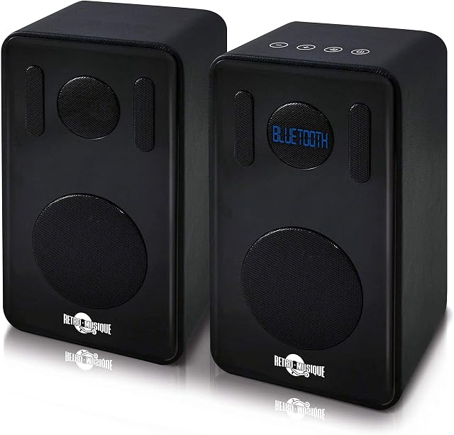 Retro Musique Bluetooth Bookshelf Speakers With FM Radio, USB+TF Card Reader, Touch Panel Controls, LED Display Panel, Remote Control (Black)
