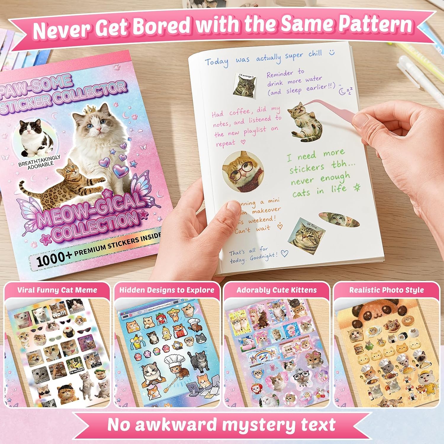 1000+ Cat Meme Stickers Book Cute Stickers for Journaling Scrapbook | Sparkle Cat stickers Cat Lovers Gift for Women and Girls 8.27 x 5.91 Inch Sticker Book Tweezer Included