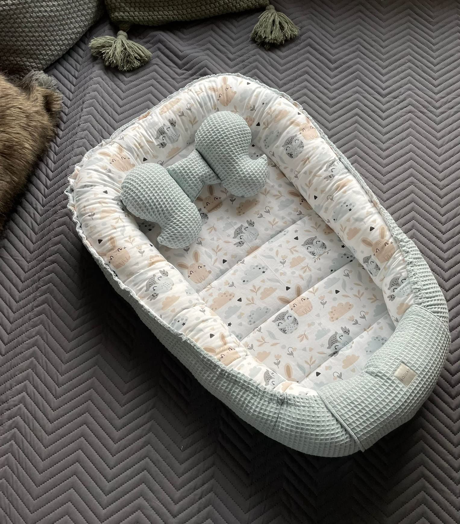 Paracolpi a nido d'ape e coniglietto beige e bianco per neonati, per neonati, lettino da viaggio, paracolpi solo/o, in set regalo premium (paracolpi + materasso (fondo di ricambio) + farfalla)
