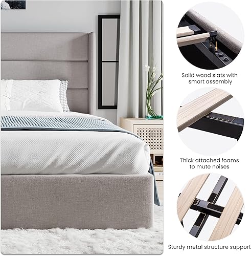 Miniatura 3 de SHA CERLIN Cama de almacenamiento elevable cabecera con respaldo alado marco de cama tapizado no necesita somier soporte de listones de madera beige
