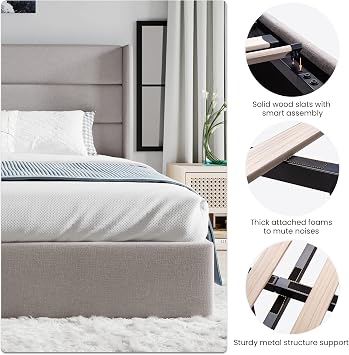 SHA CERLIN King Size Lift Up Hydraulic Storage Bed Frame Light Beige