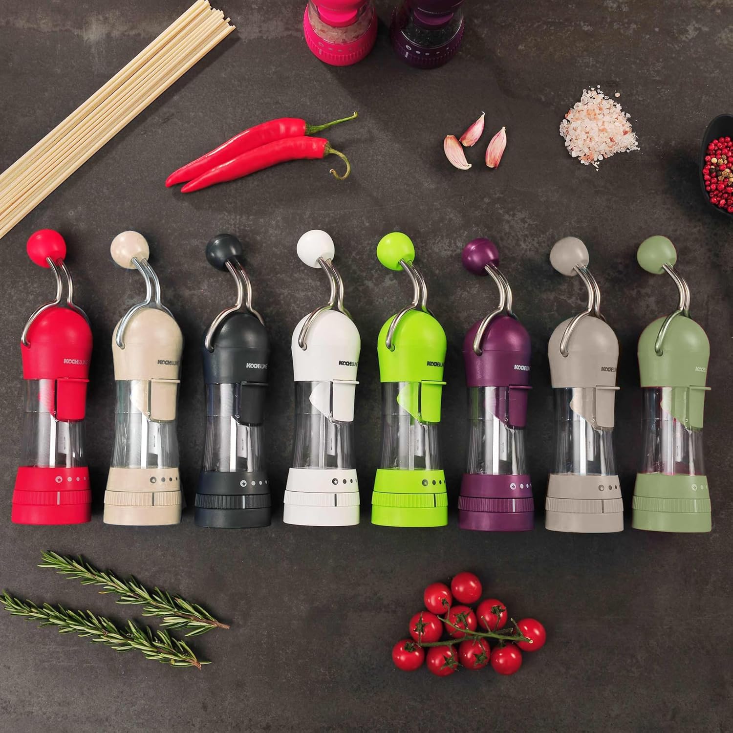 Kochblume Moulin à épices avec broyeur céramique 5 réglages + capuchon récupérateur – Lot de 2 – Noir/Blanc - Description