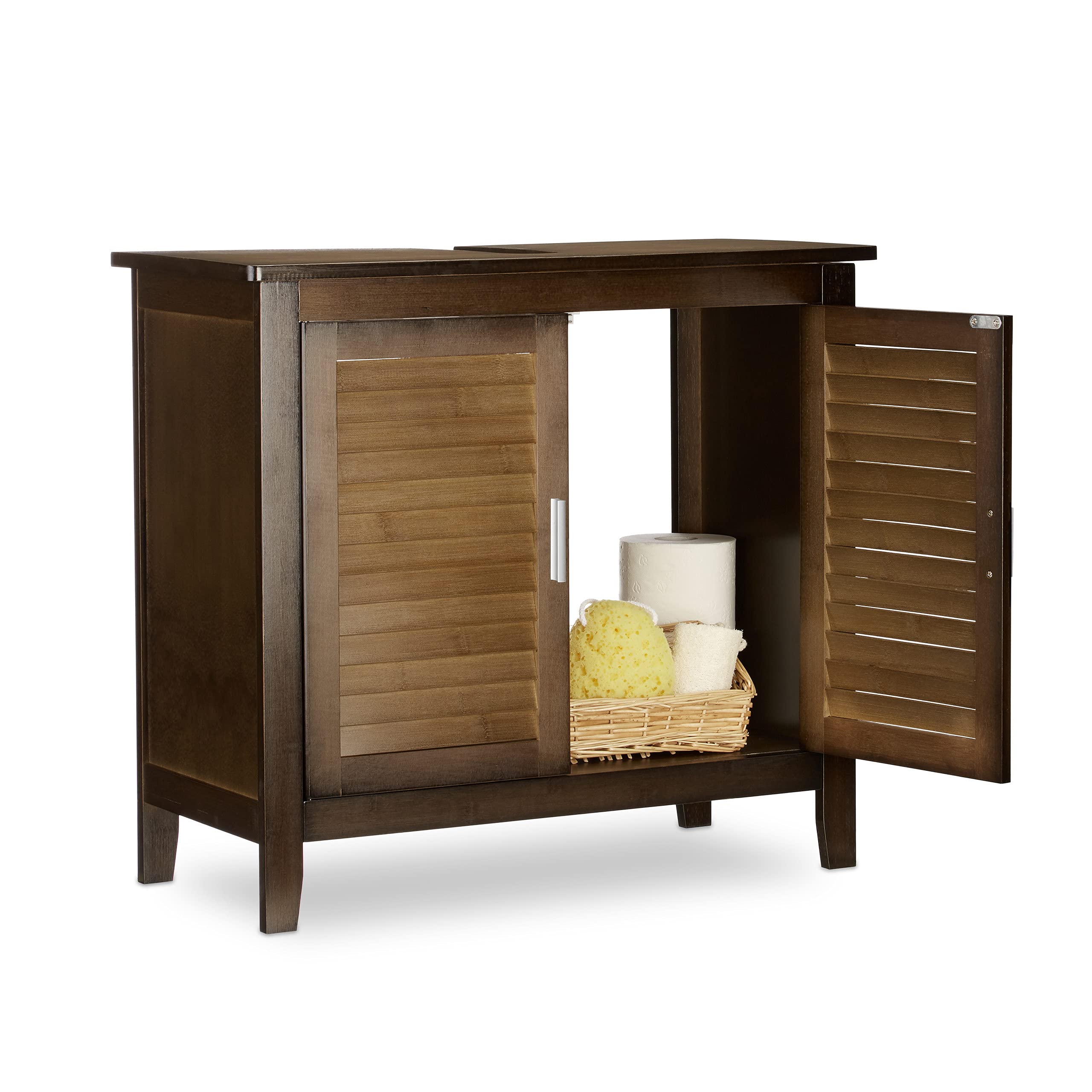 Relaxdays LAMELL Dark Brown Under-Sink Cabinet, Bamboo, Bathroom Basin Cupboard, Storage Unit, HxWxD: 60 x 67 x 30 cm
