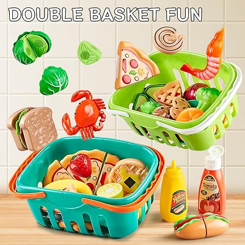Miniatura 8 de Juego de 137 piezas de comida de juego de simulación para niños con dos cestas, juego de cocina para niños pequeños con comida de juguete cortable,