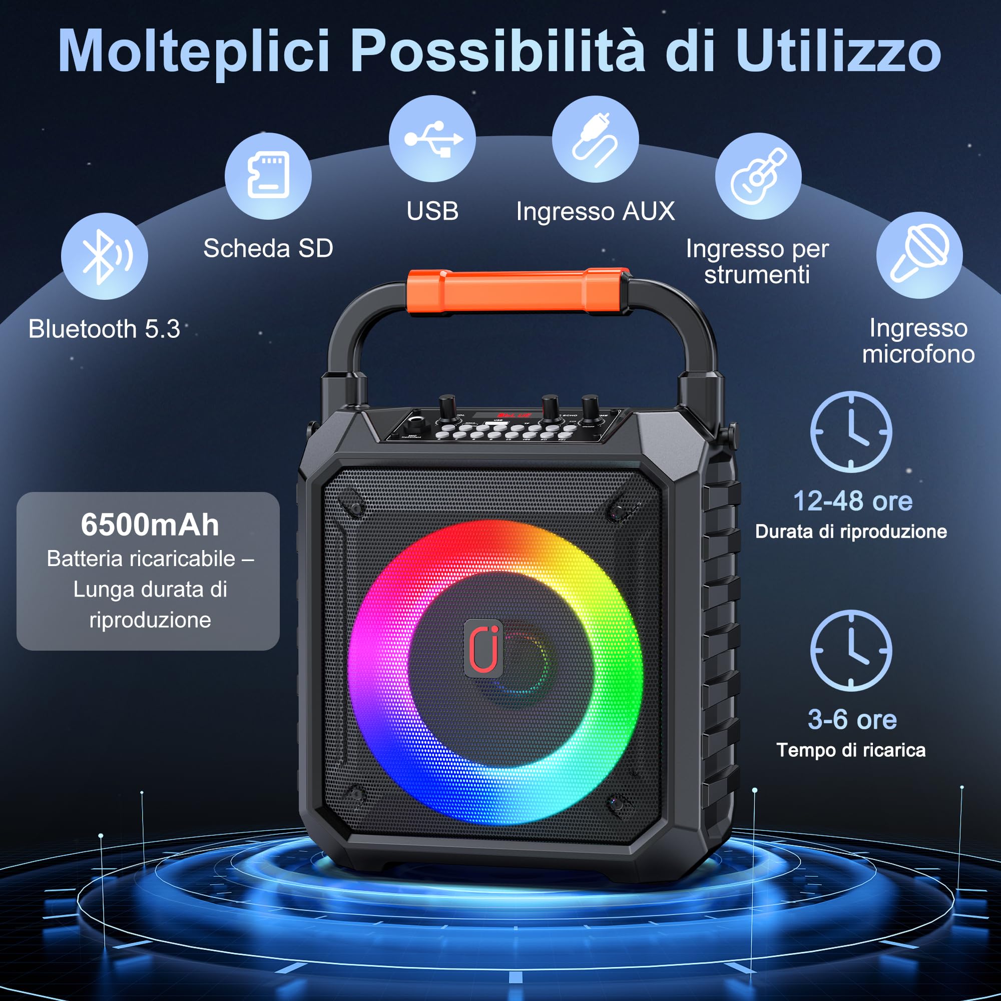 JYX Karaoke con 2 Microfonoper Adulti, Subwoofer da 6,5", 80W Cassa Bluetooth 5.3 Portatile Altoparlante con Luci LED, Autonomia 24-72 Ore, Sistema PA Supporta Scheda TF/USB/AUX-In/REC