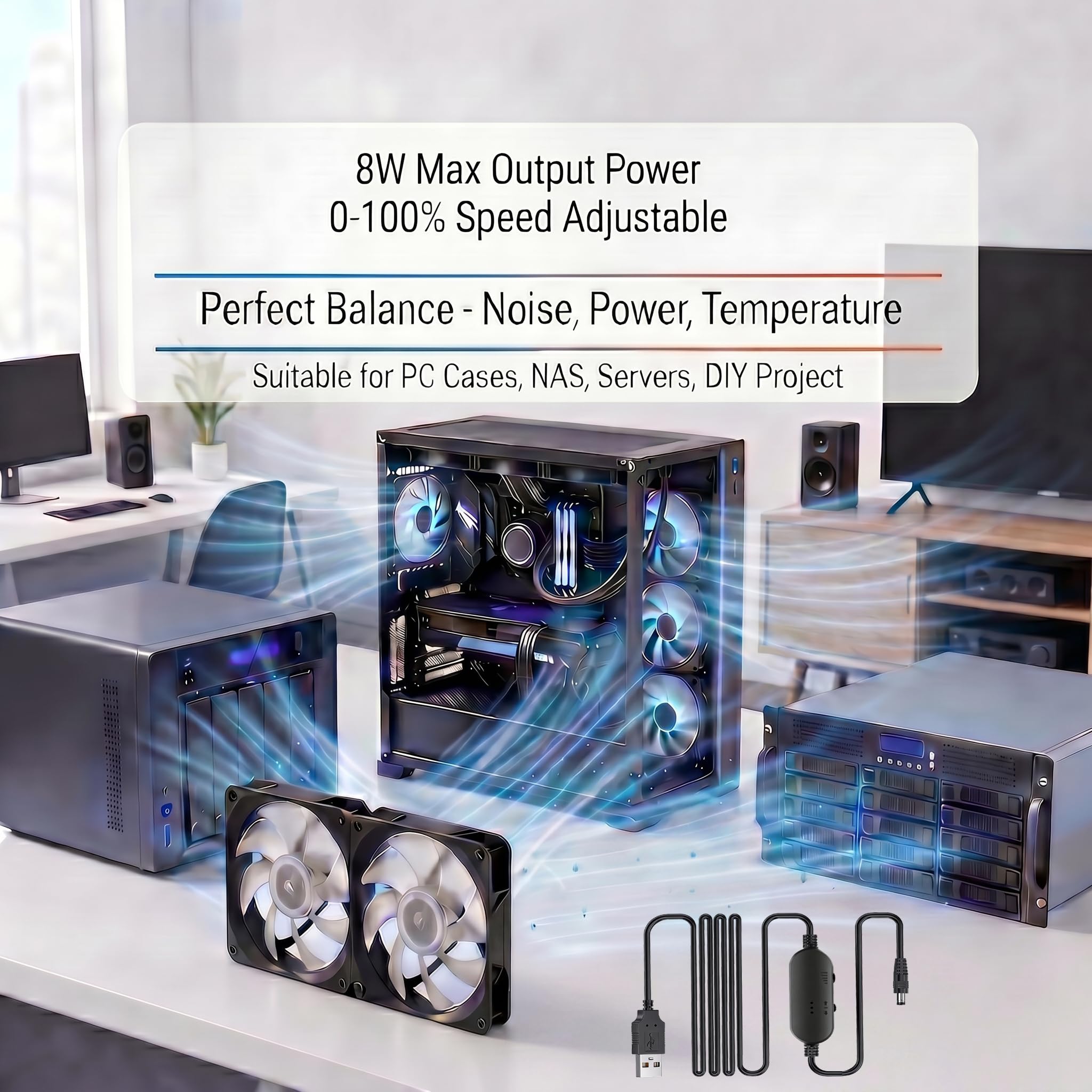 Delinx 8 W DC 12 V PC-Kühlerlüfter, Geschwindigkeitsregelung, USB auf Dual 3-polig, 4-poliges Lüfter-Netzadapterkabel, DC 5 V, Step-up, 5–12 V verstellbar, mit 2-Wege-Splitterkabel