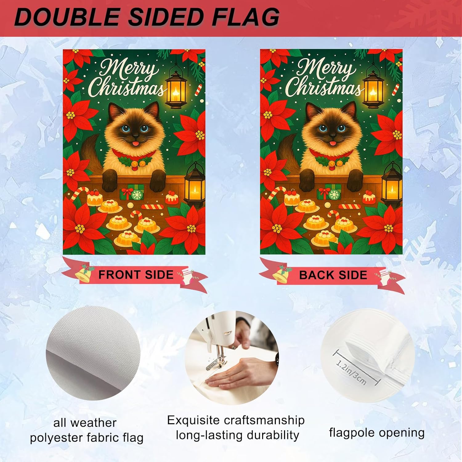 IVN Christmas Garden Flag 12x18 Inch Double Sided Siamese Cat with Poinsettia Flowers Lanterns and Christmas Cookies Outdoor Yard Flag for Outside Home Front Door Lawn Porch Patio Welcome Decor - Image 4