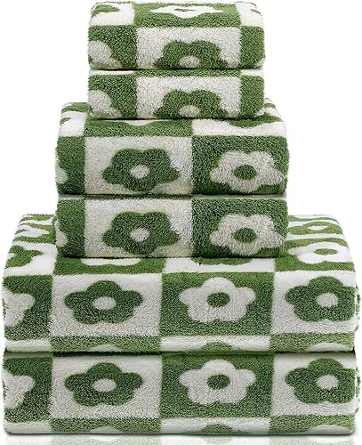 Kinlop Juego de 6 toallas de baño a cuadros, color coral, secado rápido, con patrón fino de forro polar coral para baño, regreso a la escuela,