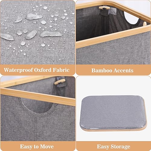Miniatura 4 de ChicBliss Cesta grande para la ropa sucia con tapa, cesta de lavandería de 100 litros con asas de bambú para ropa, juguetes y toallas, contenedor de