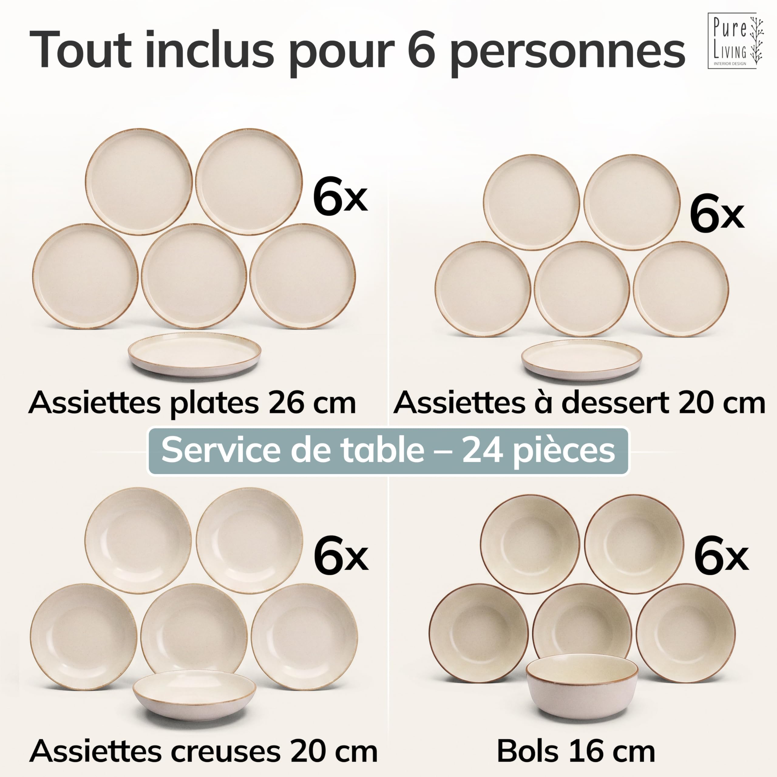 Pure Living Service de table en faïence rustique pour 6 personnes 24 pièces Vainqueur du test Style maison de campagne Service de table en faïence de qualité supérieure Beige