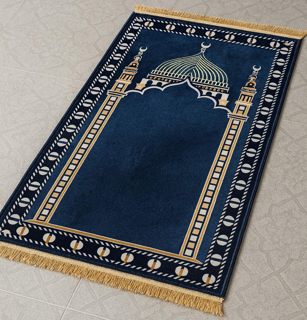 Tappeto Da Preghiera Islamico Rettangolare Blu Con Motivo Ad Arco E Frange (Blu e oro, IT-70x110 cm)