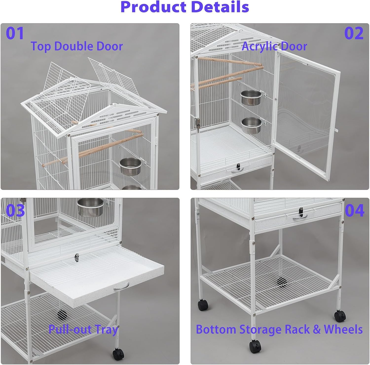 49" H Large Bird Cage with Wheels, Iron Bird Cage with Pull-Out Tray Rolling Stand Clear Acrylic Door Bird Flight Cage with Stand Bars and Feeding Bowls for Small and Medium-Sized Parrots