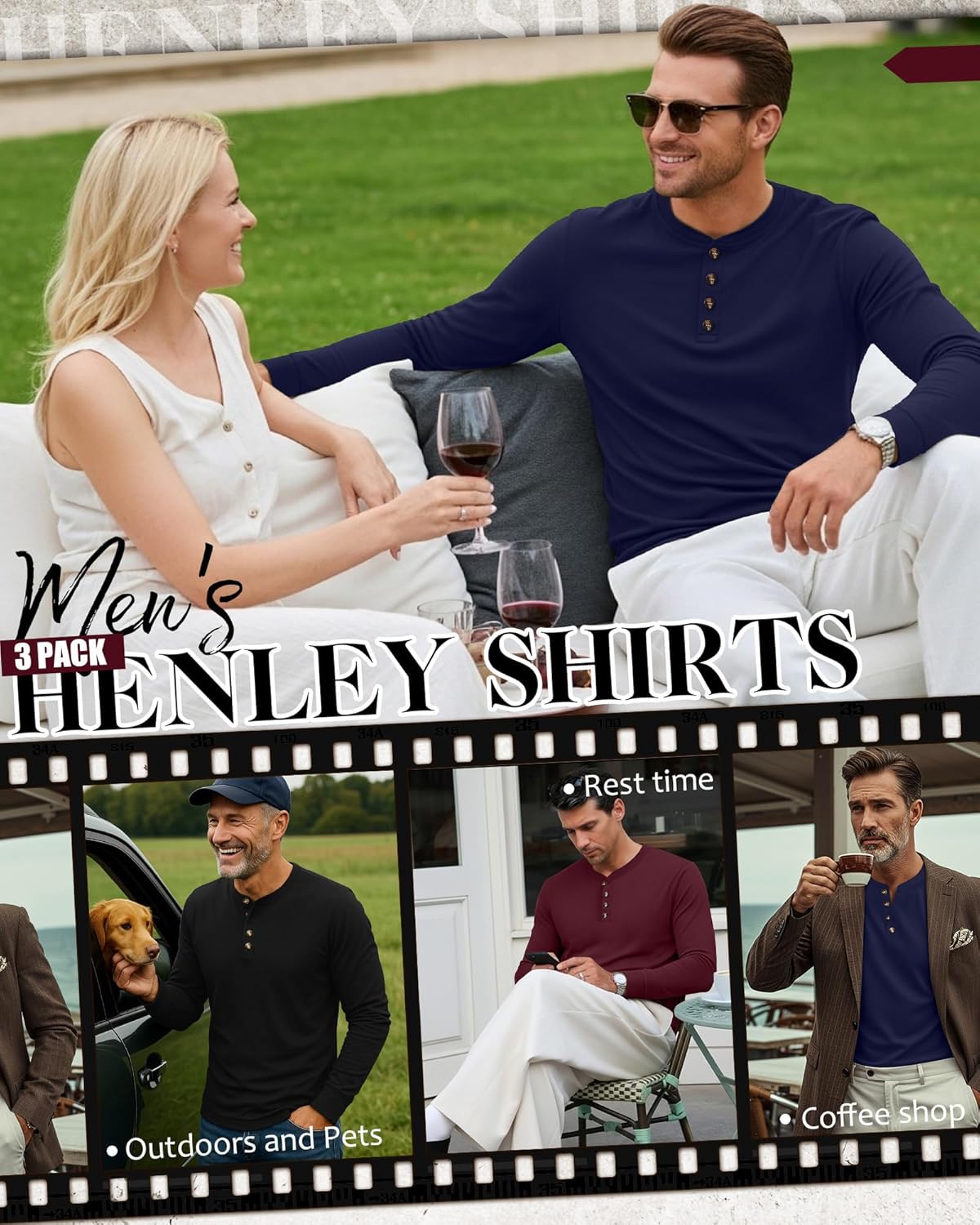 Ficerd 3 Pack Men's Henley Shirts Long Sleeve T-Shirt Basic Lightweight Button Tees Layer Casual Stretch Tops - Image 2