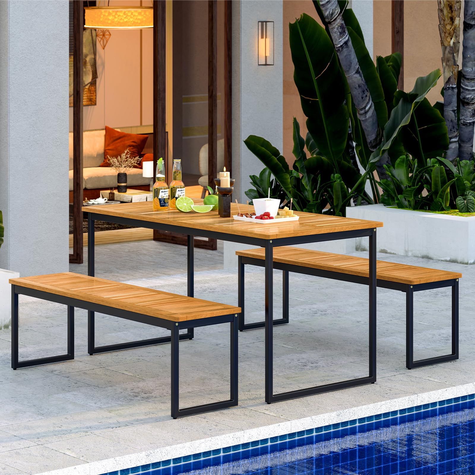 Tangkula Patio Dining Bench Set of 2, 2-3-person Backless Bench with Slatted Seat & Metal Legs, Indoor Outdoor Bench for Entryway, Front Porch, Garden, Poolside, Farmhouse Kitchen Dining Seat