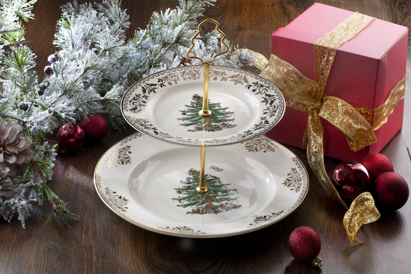 Spode Christmas Tree 2-Tier Cake Stand, Gold