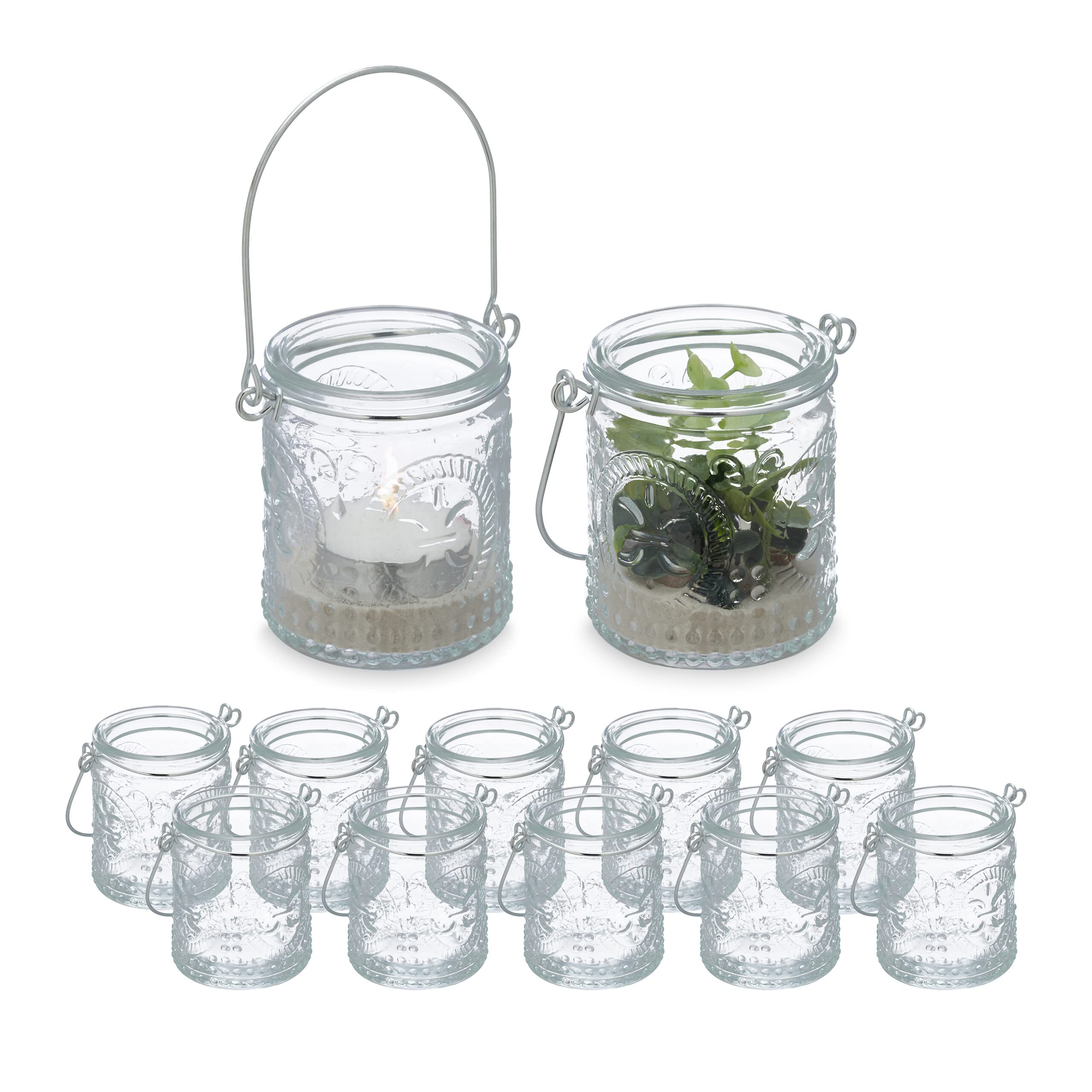 12er Set Windlichter Mit Henkel & Herzmotiv – Kleine Teelichtgläser Aus Glas, Zum Hängen & Stellen, Für Hochzeit & Tischdeko