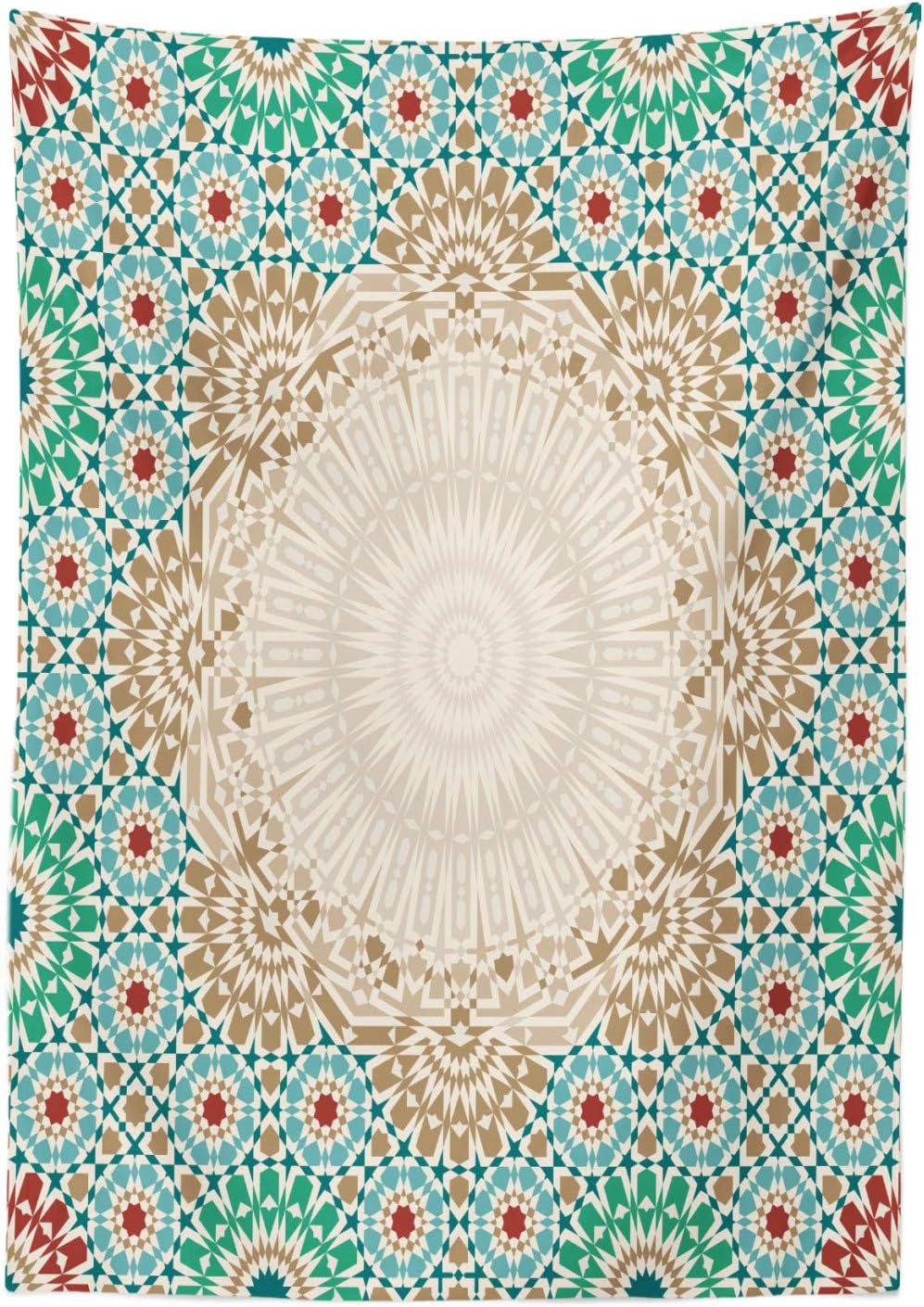 Ambesonne Moroccan Tablecloth, Ottoman Mosaic Art Pattern with Oriental Floral Forms Antique Scroll Ceramic Boho, Dining Room Kitchen Rectangular Table Cover, 60" X 84", Cream Turquoise 60" X 84" Cream Turquoise