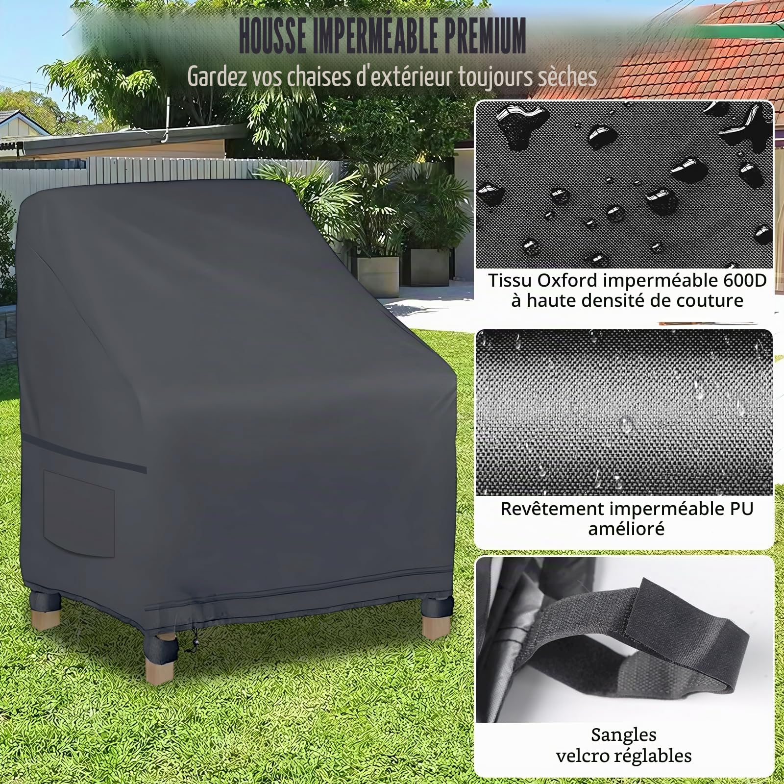 Housse de Chaise de Jardin 2 pièces, Housse pour Fauteuil 89x97x74cm, Housse de Protection pour chaises Extérieur, Tissu Oxford 600D Imperméable, bâche pour chaises de Balcon (Gris foncé)