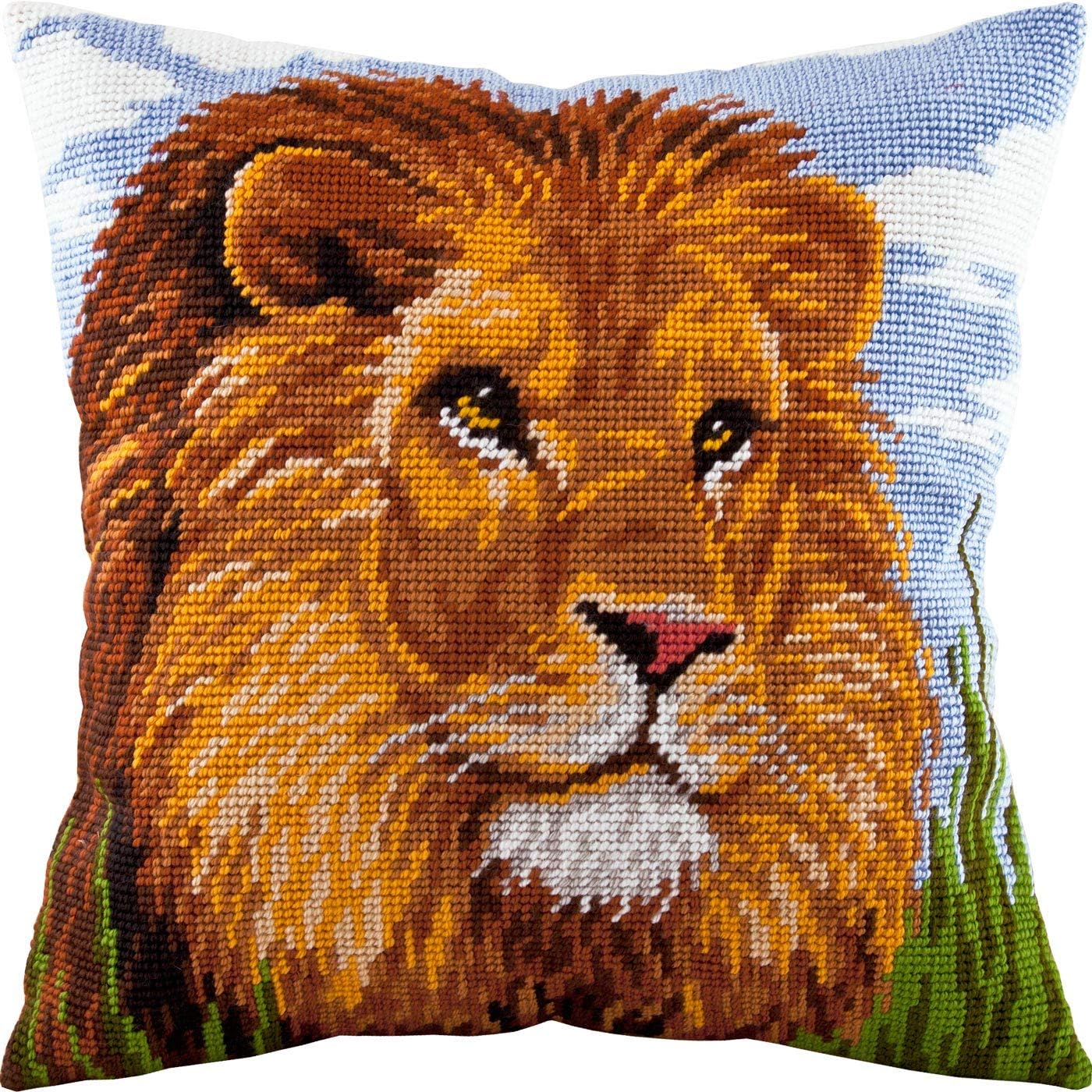 Brvsk Ferine Embroidery Kit for Adults and Beginners — Lion 16″ × 16″ with Clear, Precise Printed Design on Cotton Canvas; Includes 2 Needles, Yarn, and Easy-Read Chart