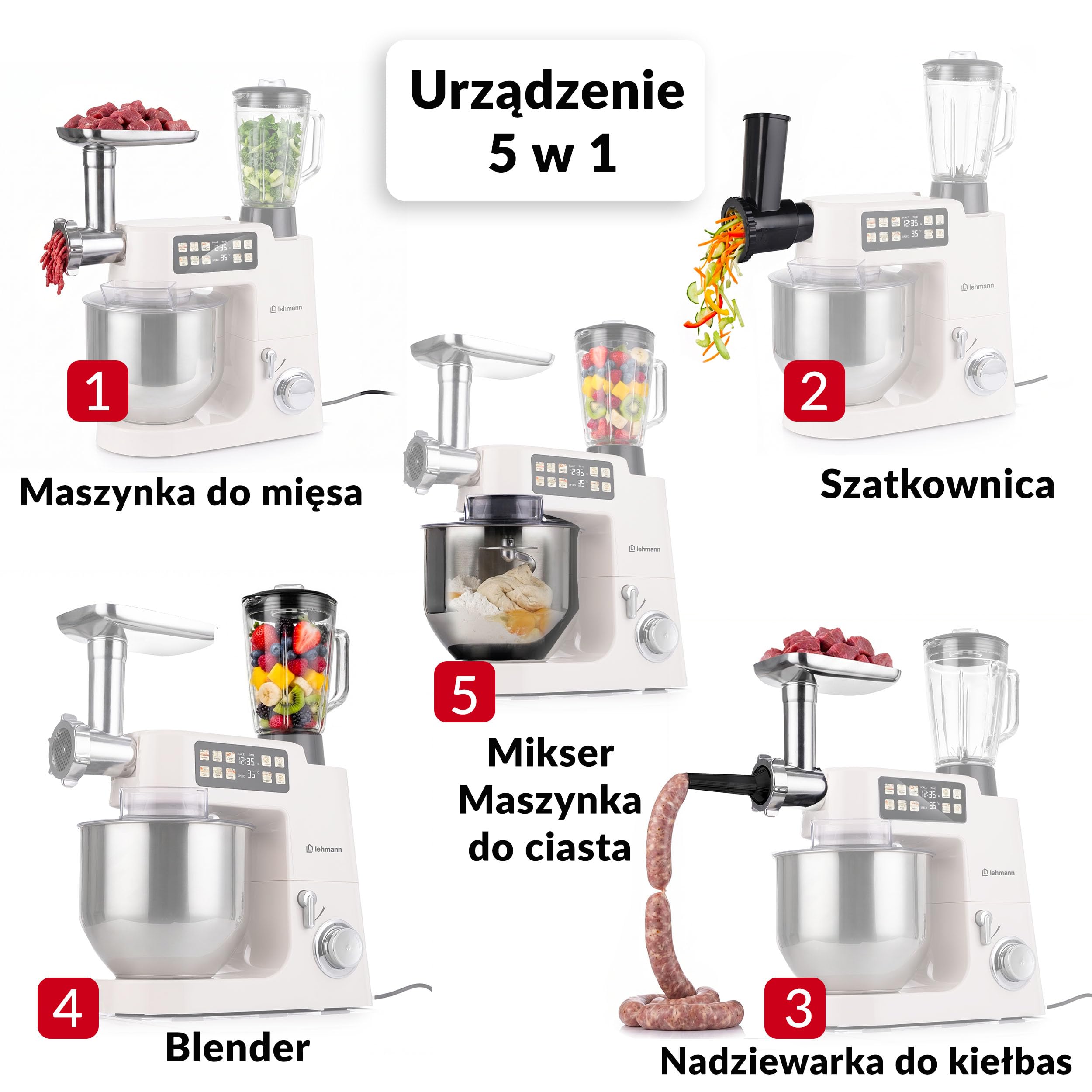 LEHMANN Teyles Robot planetarny 2100W 8L z wagą, wyświetlaczem dotykowym i podgrzewaną misą, robot kuchenny do ciasta, blender 1,5L, maszynka do mięsa, Beżowy
